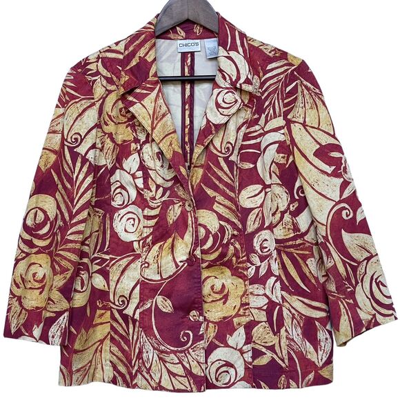 Chico's Women's Blouse Top Size 2 (US L/12) Red Orange Mixed‎ Print Buttons - Picture 1 of 13